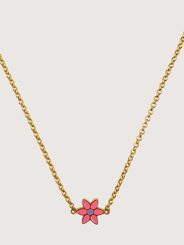 Front View of Little Princess Flower Necklace in 18k Gold Plated Sterling Silver Adjustable Length 925 Metal 14 inches 3.6gms