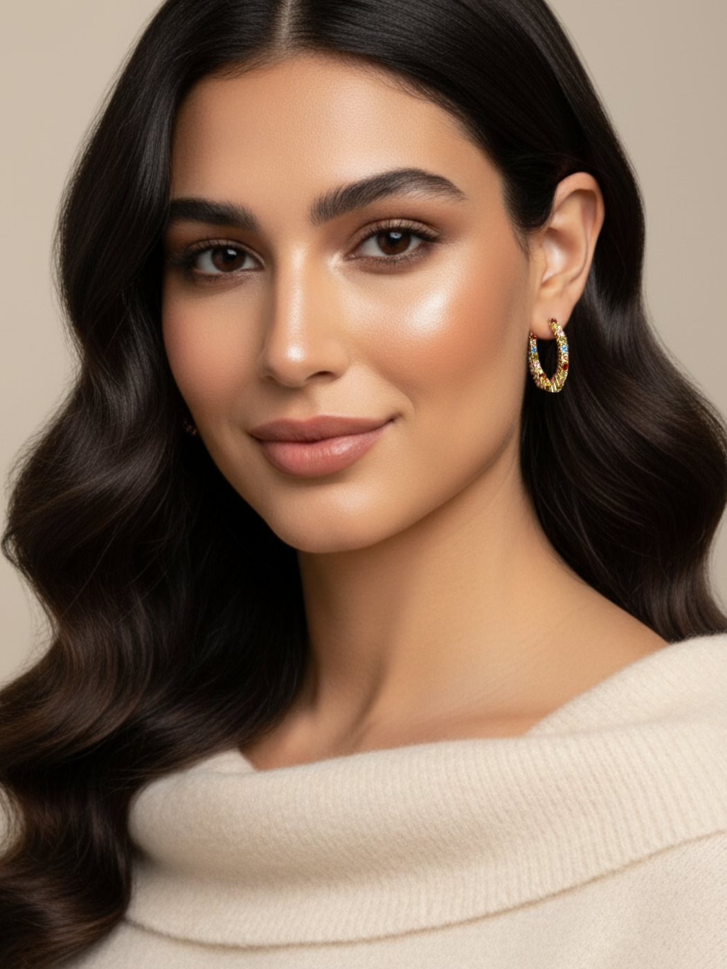 Alternate View of Model Wearing Alana Hoop earrings in Sterling Silver with 18K Gold Plating Jewelry for Pierced Ears 18k Plated 925 Metal Stone One Size 5.7gms