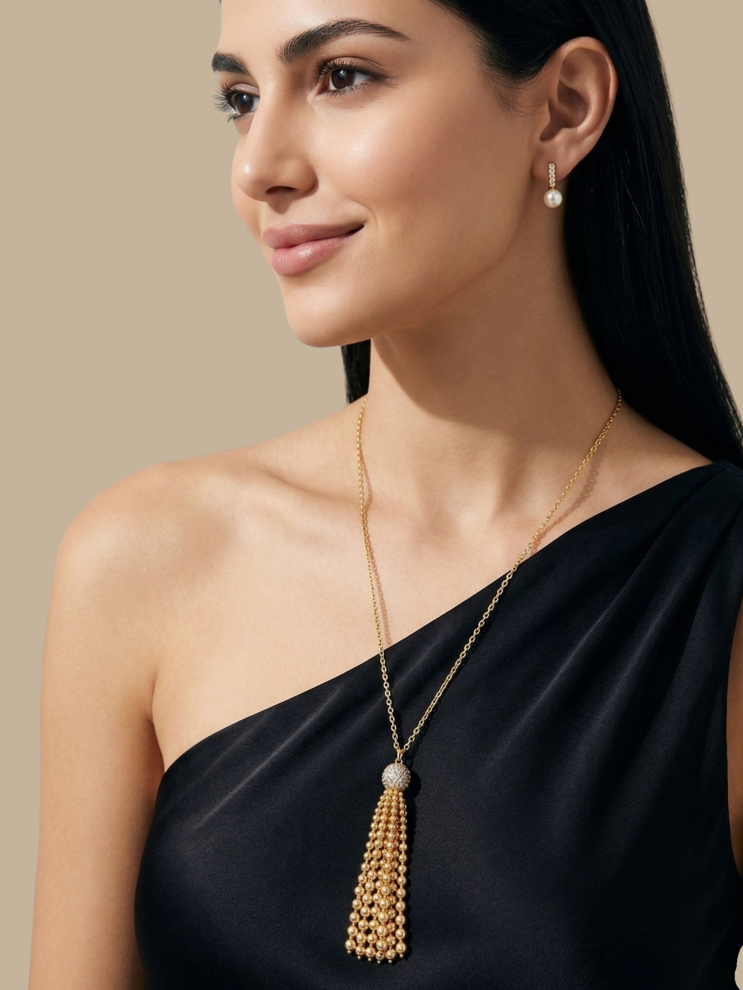 Alternate View of Model Wearing Selina Pearl Tassel Necklace Fixed Length 18k Gold Plated 925 Sterling Silver Brass One Size 23.3gms