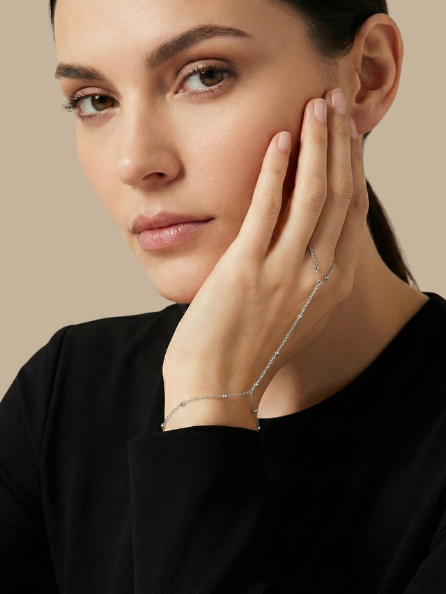 Model Wearing Candice Hand Chain Bracelet in 925 Sterling Silver Adjustable Length One Size 1.7gms