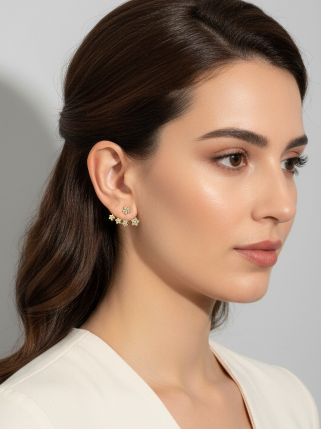Model Wearing Jia Ear Jacket Earrings in 18K Gold Plated Sterling Silver Jewelry for Pierced Ears 18k 925 Metal 2 cm 2.1gms