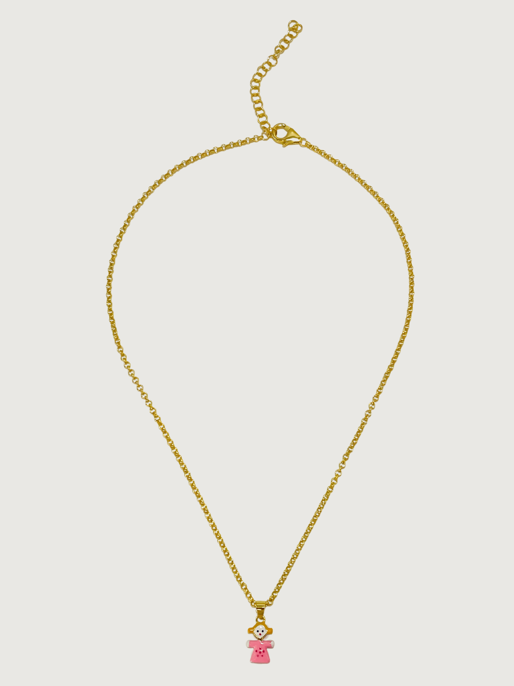 Rear View of Little Princess Dolly Pendant Necklace and Dangle Earrings in 18K Gold Plated Sterling Silver Adjustable Length 18k 925 Metal 14 inches 6.3gms