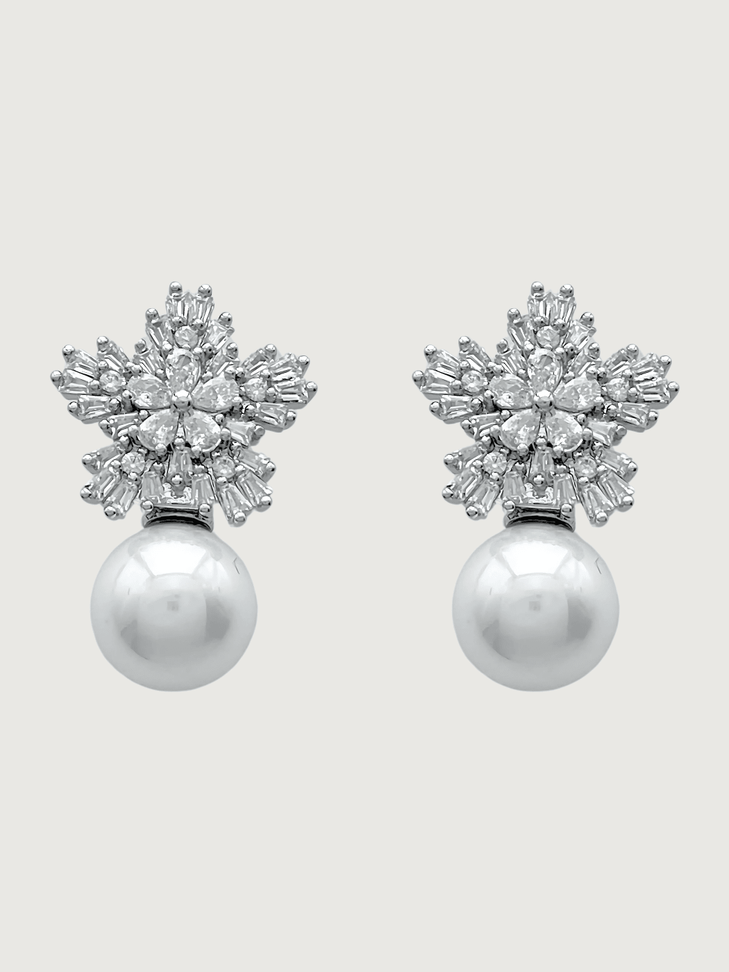 Front View of Blanca Pearl Earrings in Rhodium Plated Copper and Sterling Silver Jewelry for Pierced Ears 925 Metal Stone One Size 6.4gms