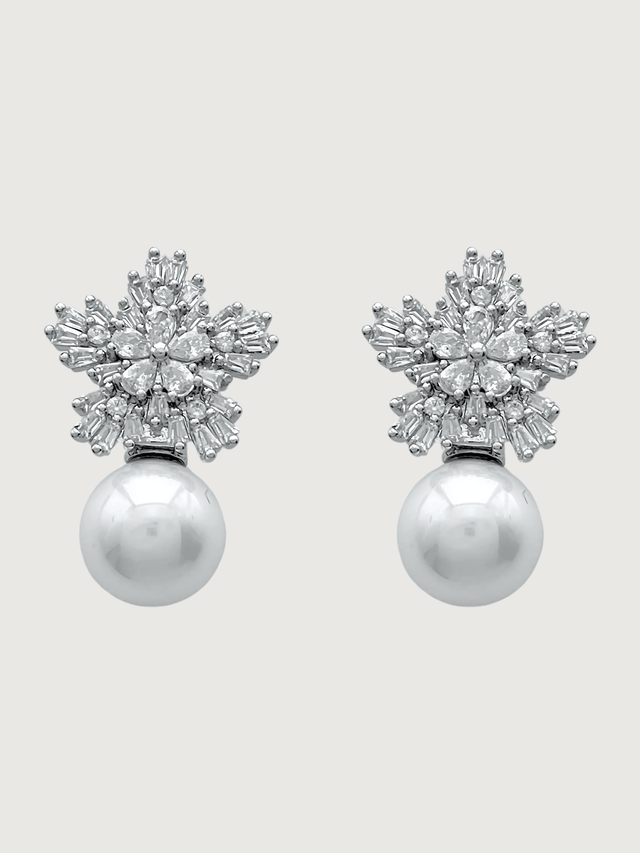 Front View of Blanca Pearl Earrings in Rhodium Plated Copper and Sterling Silver Jewelry for Pierced Ears 925 Metal Stone One Size 6.4gms