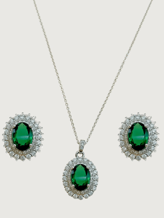 Front View of Ayesha Necklace and Earrings Set in Sterling Silver- Green Fixed Length 925 Silver Metal Stone One Size 9gms