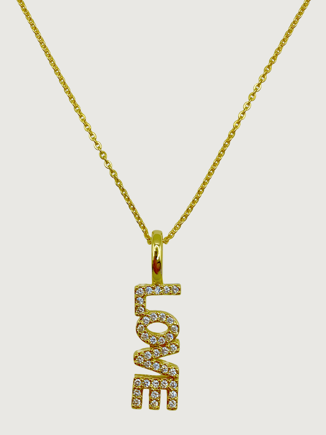 Front View of Love Pendant Necklace in 18k Gold Plated Sterling Silver Fixed Length 925 Metal Brass 18 inches 2.7gms