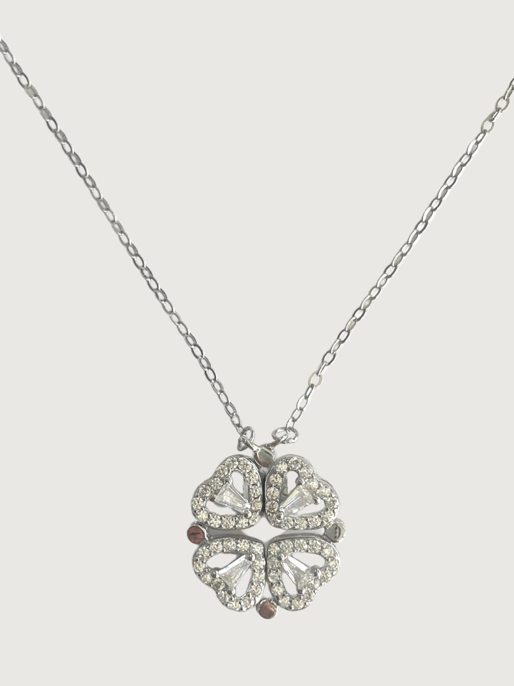 Front View of Cara Heart Clover Versatile Pendant Necklace in Sterling Silver Adjustable Length 925 Metal 16 inches 3gms