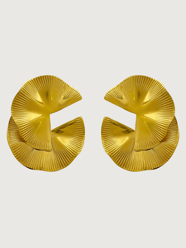 Front View of Megan Spiral statement Earrings in 18K Gold Plated Metal Jewelry for Pierced Ears 18k Steel | Hypoallergenic Tarnish Resistant Sweat Water Eco - Friendly One Size 11.3gms Stainless