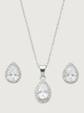 Front View of Zia Drop Pendant Necklace & Stud Earring Set in Sterling Silver Fixed Length 925 Metal 16 inches 3gms