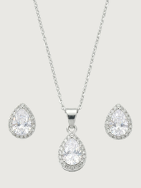 Front View of Zia Drop Pendant Necklace & Stud Earring Set in Sterling Silver Fixed Length 925 Metal 16 inches 3gms