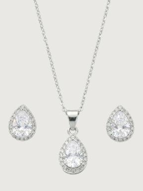 Front View of Zia Drop Pendant Necklace & Stud Earring Set in Sterling Silver Fixed Length 925 Metal 16 inches 3gms