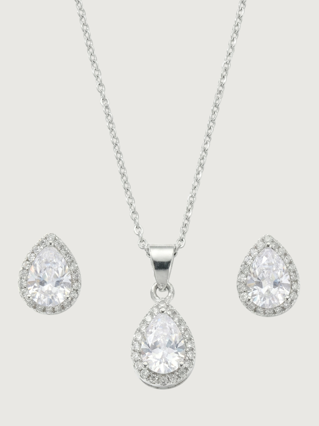 Front View of Zia Drop Pendant Necklace & Stud Earring Set in Sterling Silver Fixed Length 925 Metal 16 inches 3gms