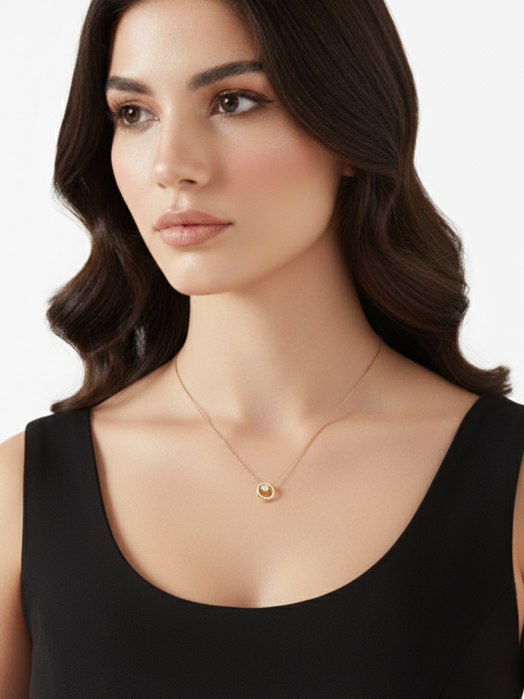Alternate View of Model Wearing Rhea Ring Solitaire Pendant in 18k Gold Plated Sterling Silver Adjustable Length 925 Metal Stone 17 inches 2.9gms