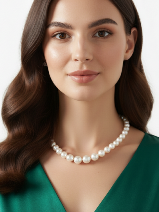 Model Wearing Nura Graduating Pearl Necklace in 925 Sterling Silver Adjustable Length Metal Stone 23 inches 69gms
