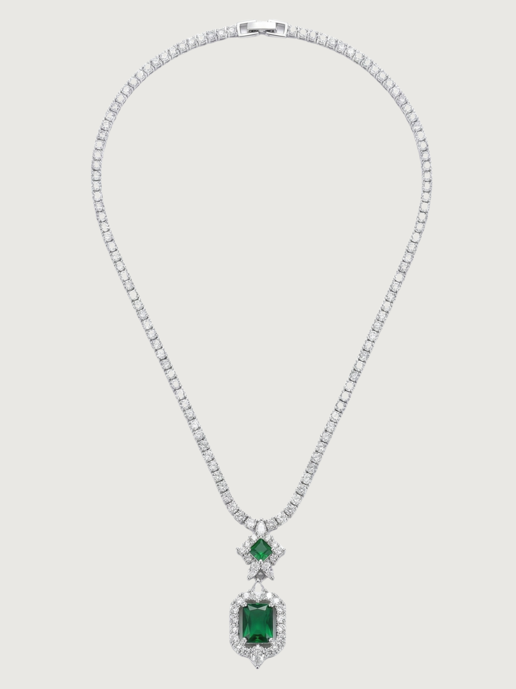 Rear View of Amaris Tennis Necklace and Earrings in Rhodium Plated Metal-Green Comfort Fit Copper 16 inches 22.5gms Mix Metal