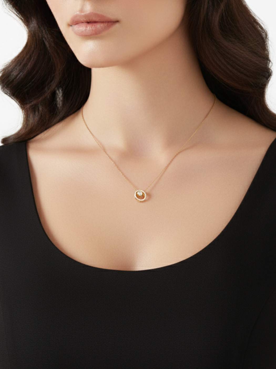 Model Wearing Rhea Ring Solitaire Pendant in 18k Gold Plated Sterling Silver Adjustable Length 925 Metal Stone 17 inches 2.9gms