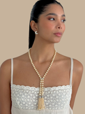 Alternate View of Model Wearing Hessa Cream Pearl Tassel Necklace with Brass clip Fixed Length Rhodium Plated 32 inches 72.1gms