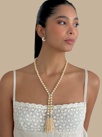Alternate View of Model Wearing Hessa Cream Pearl Tassel Necklace with Brass clip Fixed Length Rhodium Plated 32 inches 72.1gms