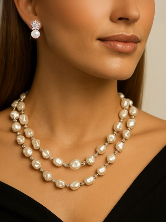 Model Wearing Mariam Pearl Necklace Comfort Fit Rhodium Plated Brass 40 inches 90.5gms