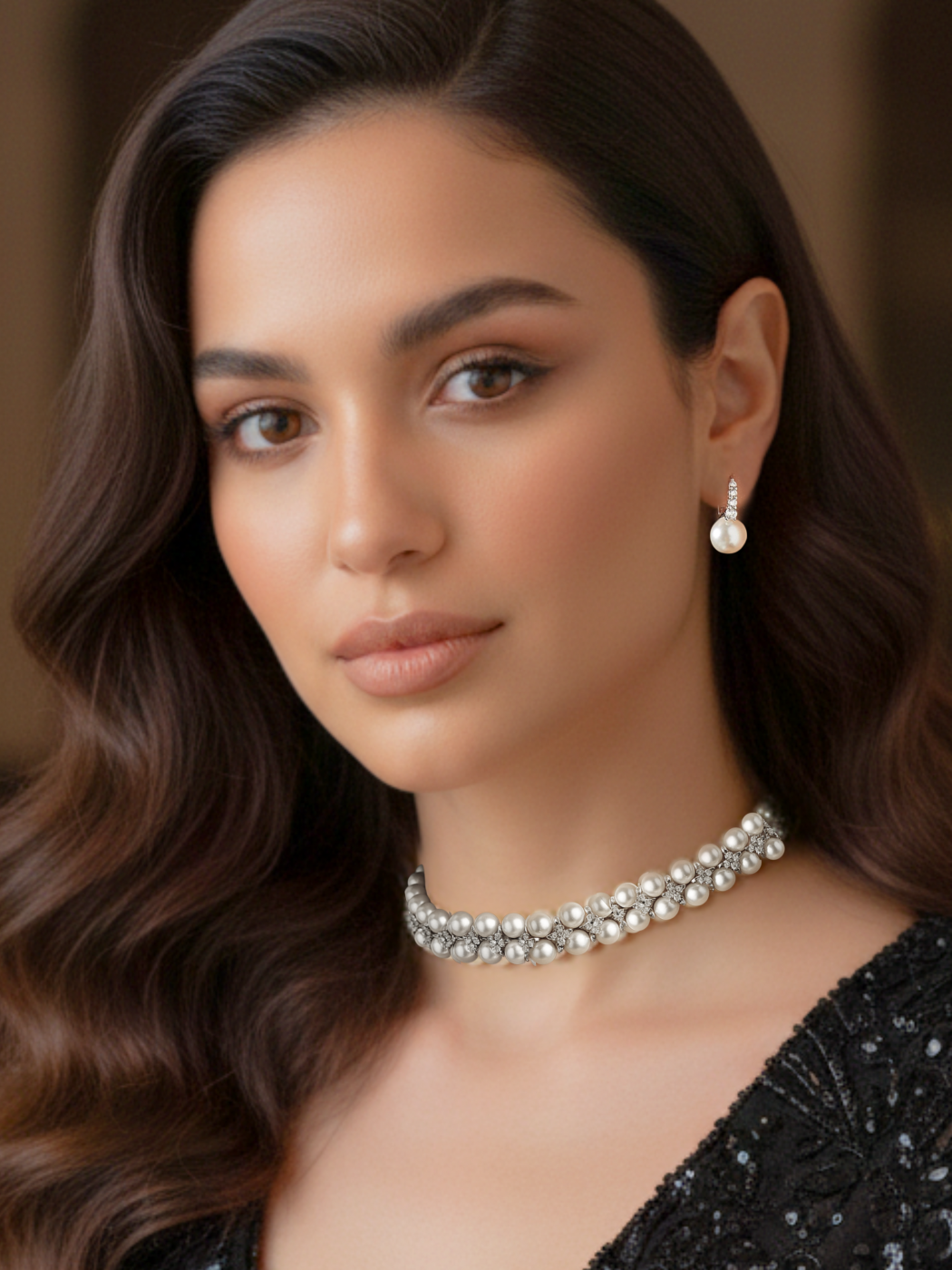 Model Wearing Amelia Pearl Choker Necklace Adjustable Length 925 Sterling Silver Metal Stone 13 inches 82.9gms