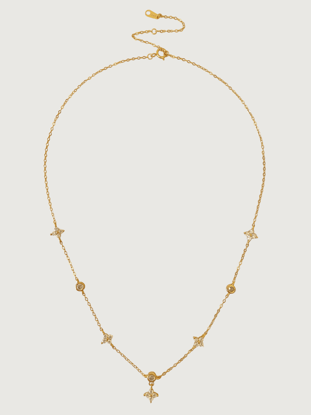 Front View of Irene Star Charm Necklace in 18K Gold Plated Sterling Silver Adjustable Length 18k 925 Metal 17 inches 2.3gms
