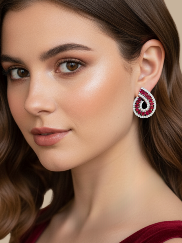 Alternate View of Model Wearing Sirene Swirl Earrings Jewelry for Pierced Ears Post / Pin & Push in 925 Sterling Silver Stamp Marked Rhodium Plated Metal 3.5 cm 10.2gms