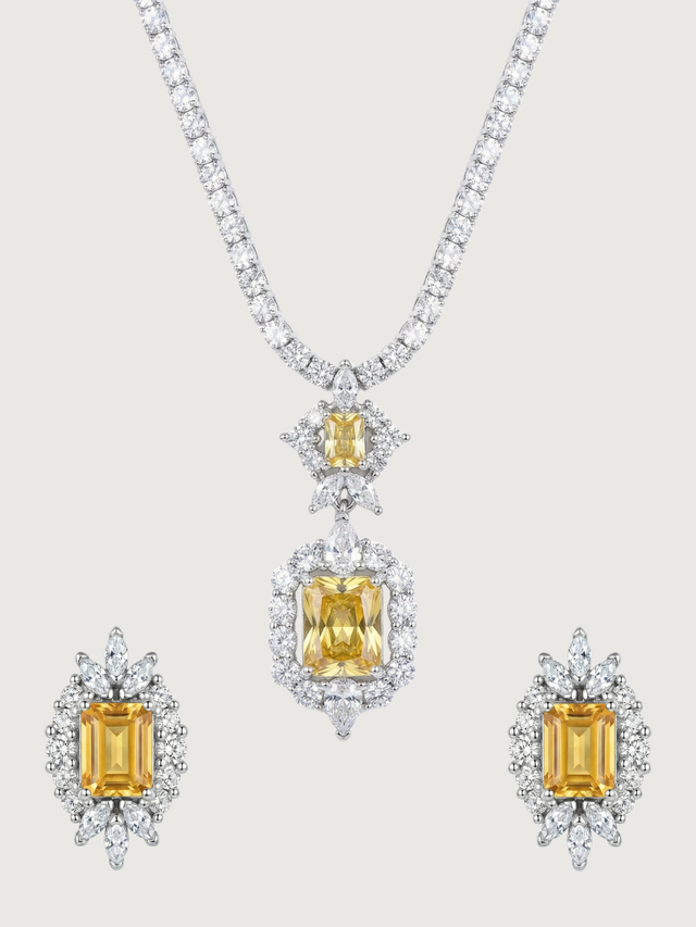 Front View of Amaris Tennis Necklace and Earrings in Rhodium Plated Metal-Yellow Comfort Fit Copper 16 inches 23.6gms Mix Metal