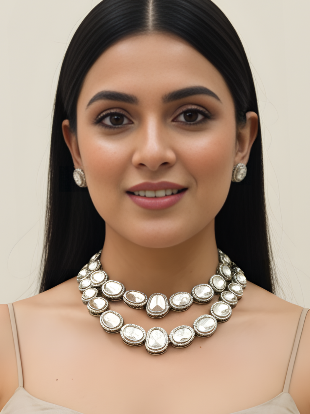 Model Wearing Navya Kundan Polki Layered Necklace and Drop Earring Set in Silver Tone Fixed Length Metal Stone Rhodium Plated Brass One Size 172.7gms