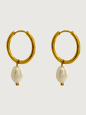 Front View of Jenna Pearl Hoop Earrings in 18k Gold-Plated Metal Jewelry for Pierced Ears Gold Plated Steel | Hypoallergenic Tarnish Resistant Sweat Water Stone Eco - Friendly One Size 3.2gms