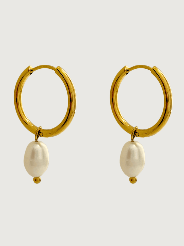 Front View of Jenna Pearl Hoop Earrings in 18k Gold-Plated Metal Jewelry for Pierced Ears Gold Plated Steel | Hypoallergenic Tarnish Resistant Sweat Water Stone Eco - Friendly One Size 3.2gms