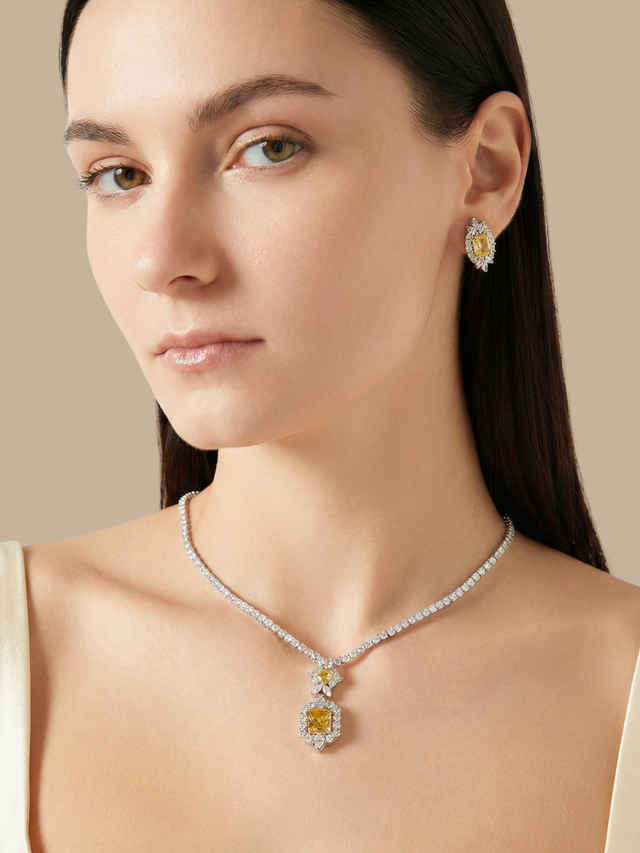 Model Wearing Amaris Tennis Necklace and Earrings in Rhodium Plated Metal-Yellow Comfort Fit Copper 16 inches 23.6gms Mix Metal