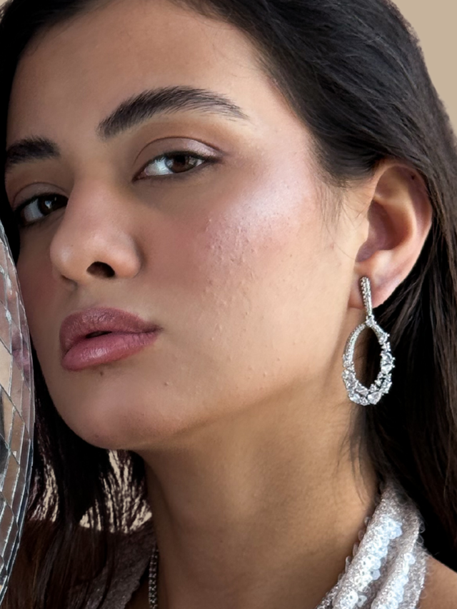Alternate View of Model Wearing Paula Dangle Earrings Jewelry for Pierced Ears Rhodium Plated Copper Post / Pin & Push in 925 Sterling Silver Stamp Marked One Size 10.7gms