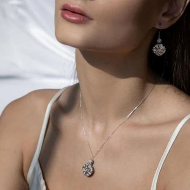 Model Wearing Dahlia Pendant Necklace - Silver Fixed Length 925 Sterling Rhodium Plated Brass Metal One Size 5.4gms